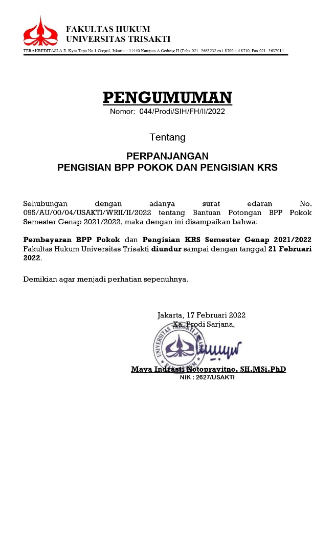 PENGUMUMAN PERPANJANGAN PEMBAYARAN BPP POKOK DAN PENGISIAN KRS SEMESTER ...